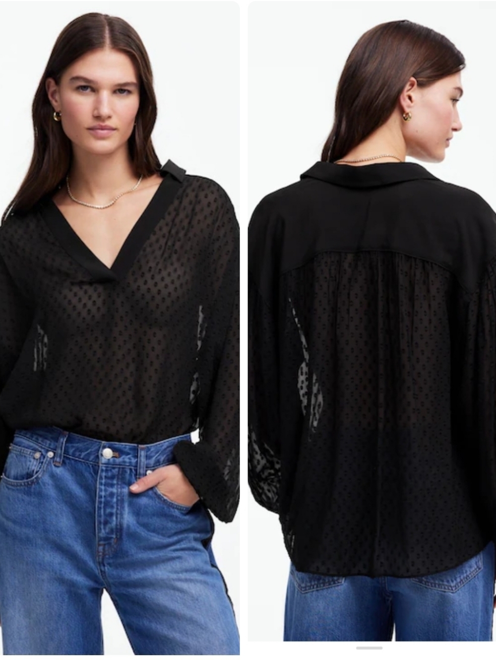 Madewell Black Sheer Dot-Texture V-Neck Long Sleeve Blouse Size Medium NWT